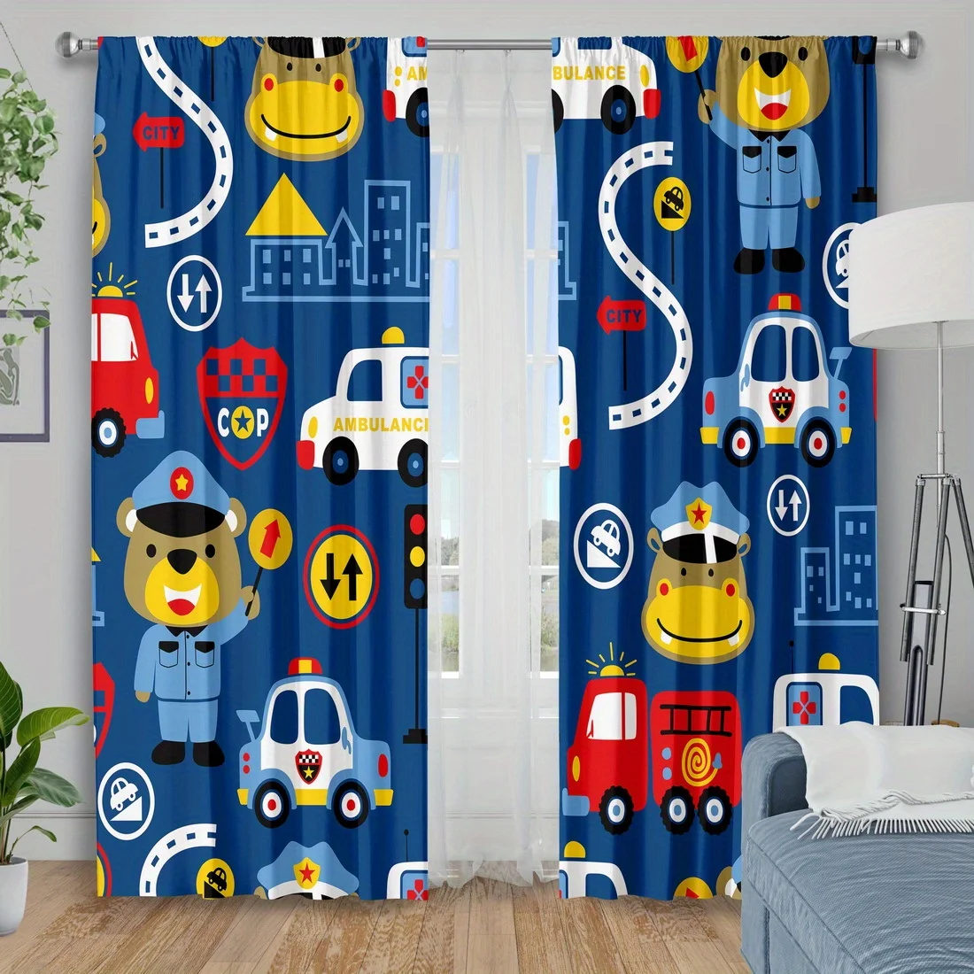 Cute Cartoon Kids Curtains Nursery Decor Police Fire Truck Ambulance Emergency Vehicle Print Curtains for Boy Girl Children