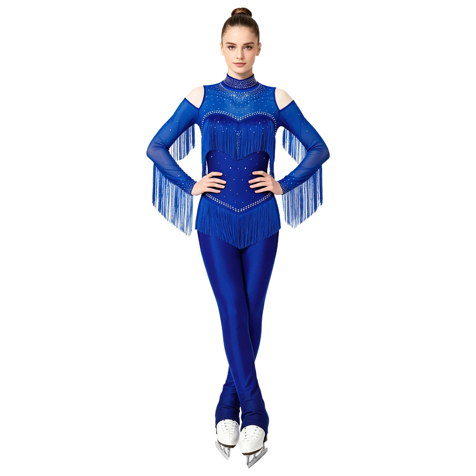 

Women Figure Skating Jumpsuit Ballet Gymnastics Acrobatics Latin Dance Tango Cha-cha Leotard Tassel Rhinestone Mesh Bodysuit