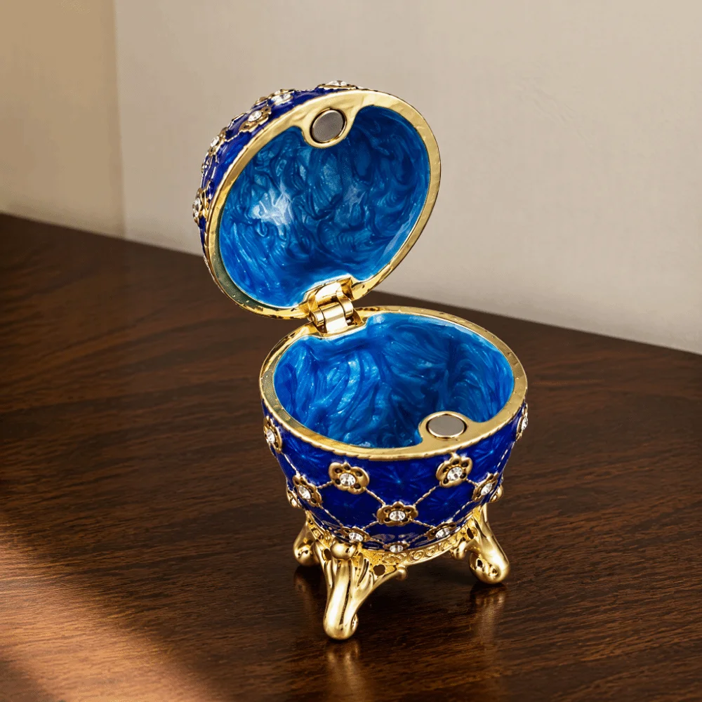 Compact Enamel Jewelry Box Zinc Alloy Hinged Lid Egg Trinket Box Rhinestone Decoration Blue Color Hinged Jewelry Box Ring Holder