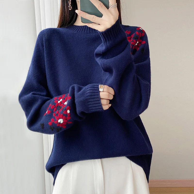 خريف/شتاء 2025 جديد سميكة شبه عالية الرقبة سترة نقية المرأة فضفاضة طويلة الأكمام المطرزة كسول الكشمير تريكو