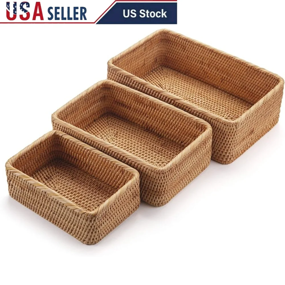 

Natural Rattan Fruit Storage Baskets Set of 3 Rectangular Woven Wicker Organizers Stackable Key Holder Remote Control Trays