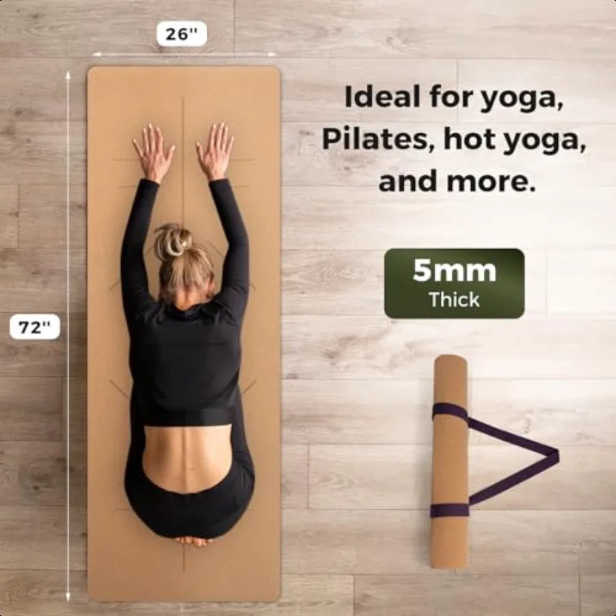 بساط يوجا من الفلين غير قابل للانزلاق يقاوم العرق والروائح بساط تمرين مع حزام حمل لليوجا الساخنة وأرضية البيلاتس والتدريبات اللياقة البدنية #2
