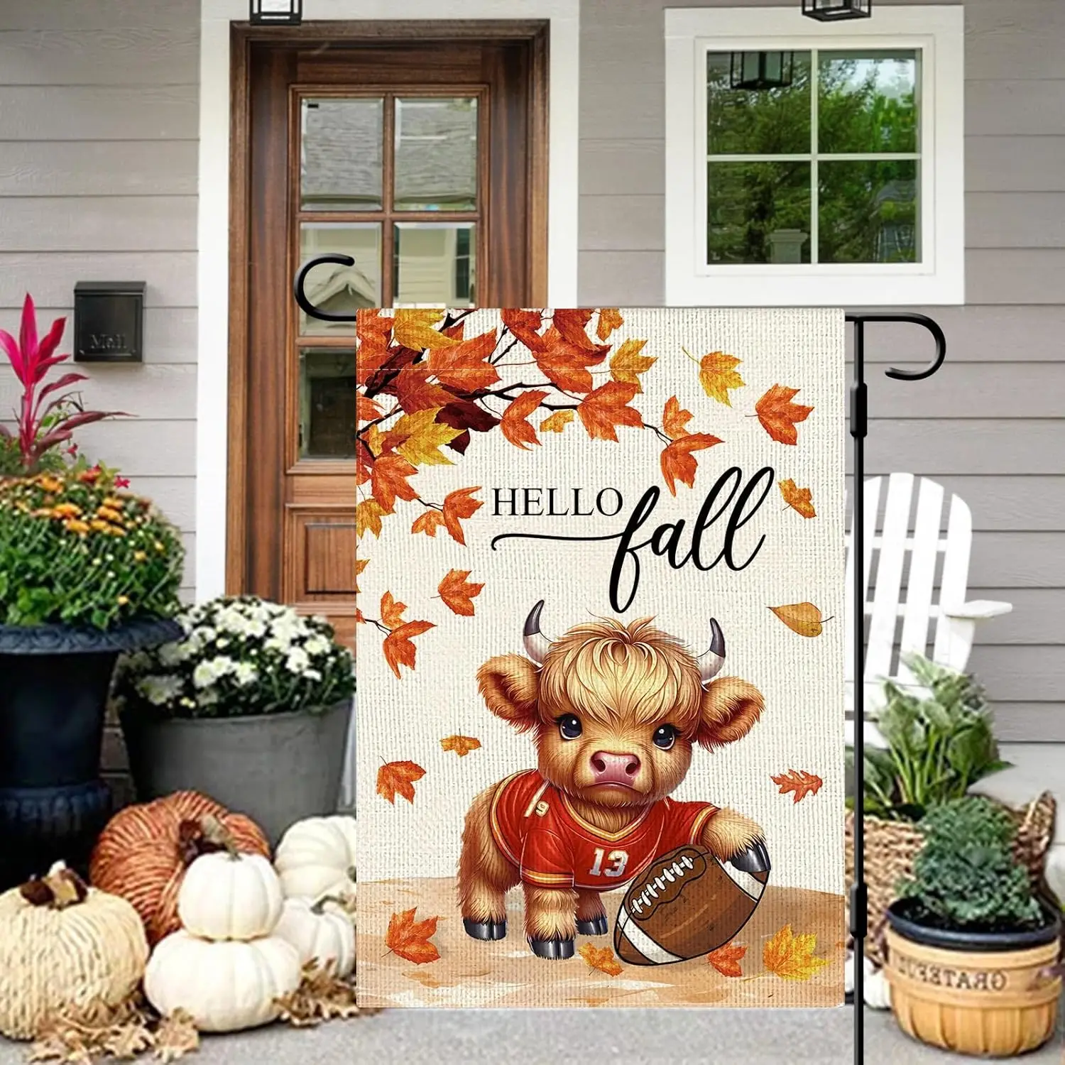 DLZDN Hello Fall Garden Flag Highland Cow Football Flag 12×18 Inch Double Side Vertical Burlap Farmhouse Yard Sign Autumn Se UUN