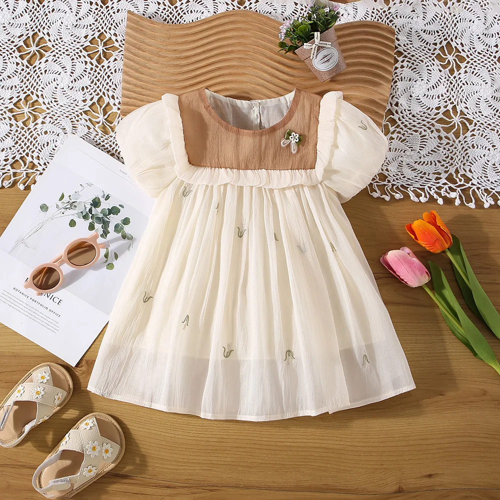 Summer Baby Girl Dress Girl Colored Collar 3D Small Bow Small Flower Embroidered Mesh Princess Dress