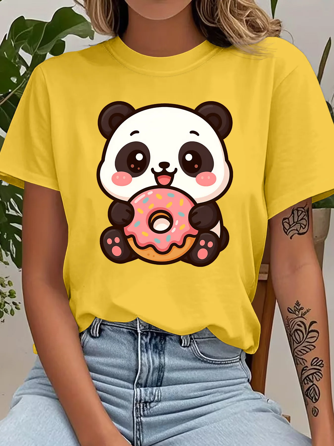 Cute Cartoon Panda Holding Sweet Sprinkled Donut Art Print Graphic Ladies T Shirt Short Sleeve Crew Neck Casual Tee Tops