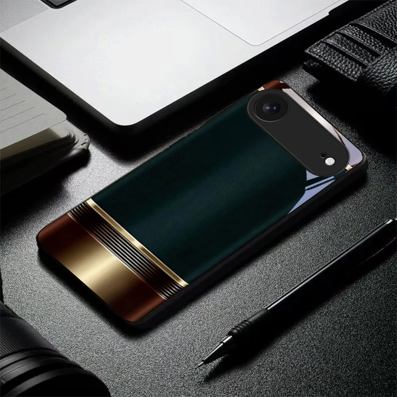 Noble Retro Metal Frame Black Glass Phone Case For iPhone 11 Pro 12 13 mini 14 15 Pro Max 16 E 17 Air XS Max XR 8 7 Plus X Cover