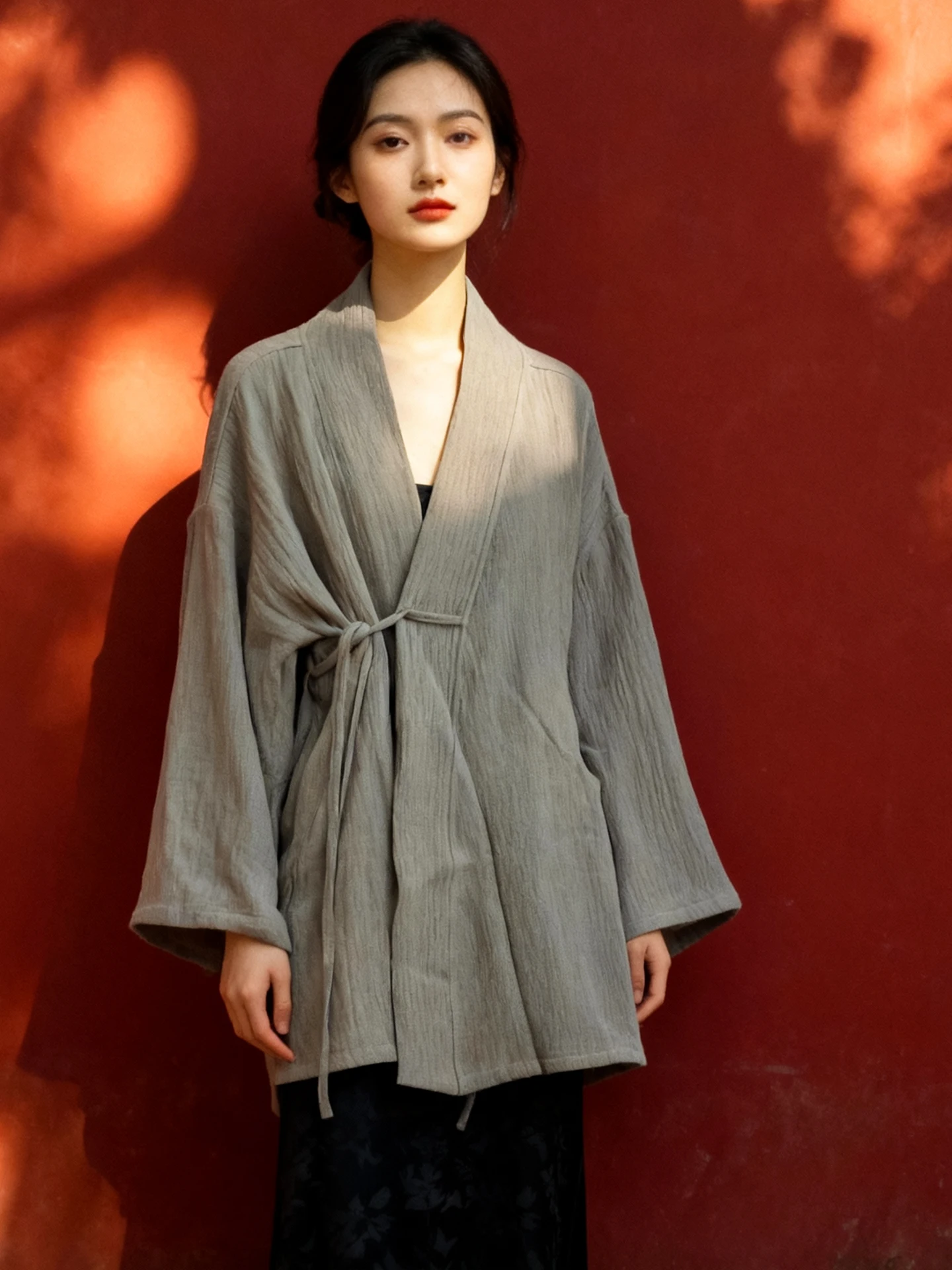 

Spring Thiened Texture Double Pleated Cotton Linen New Chinese Sle Zen Cold Hanfu Outerwear Middle Length irt V-ne