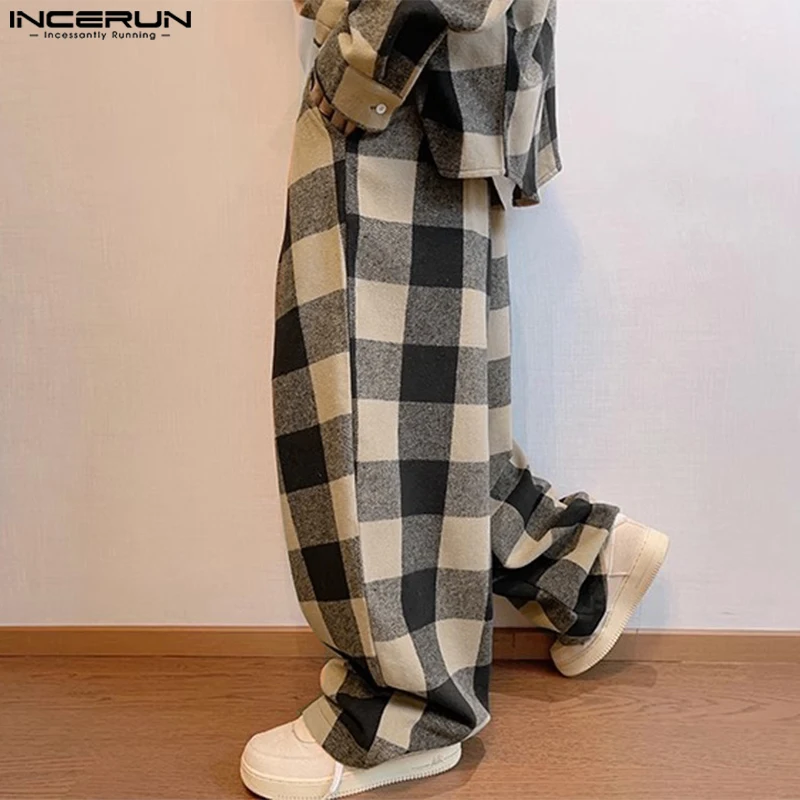 INCERUN Men Trousers Streetwear Male Bottoms Elastic Waist 2024 Casual Vintage Style Plaid Check Contrast Color Long Pants S-5XL