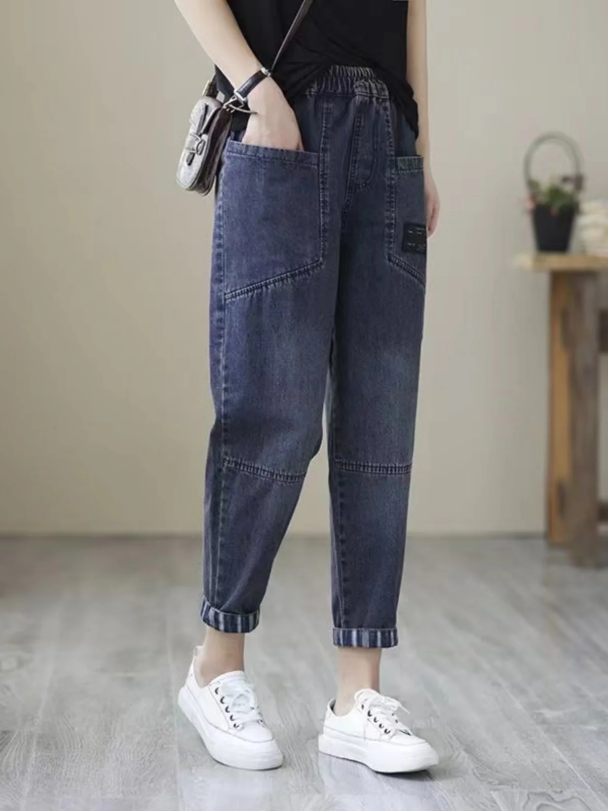 

Летние тонкие свободные женские джинсы, повседневные джинсы Harlan с высокой талией, большие размеры, девятисекционные джинсы, брюки-морковки, брюки для папы, синие джинсовые брюки