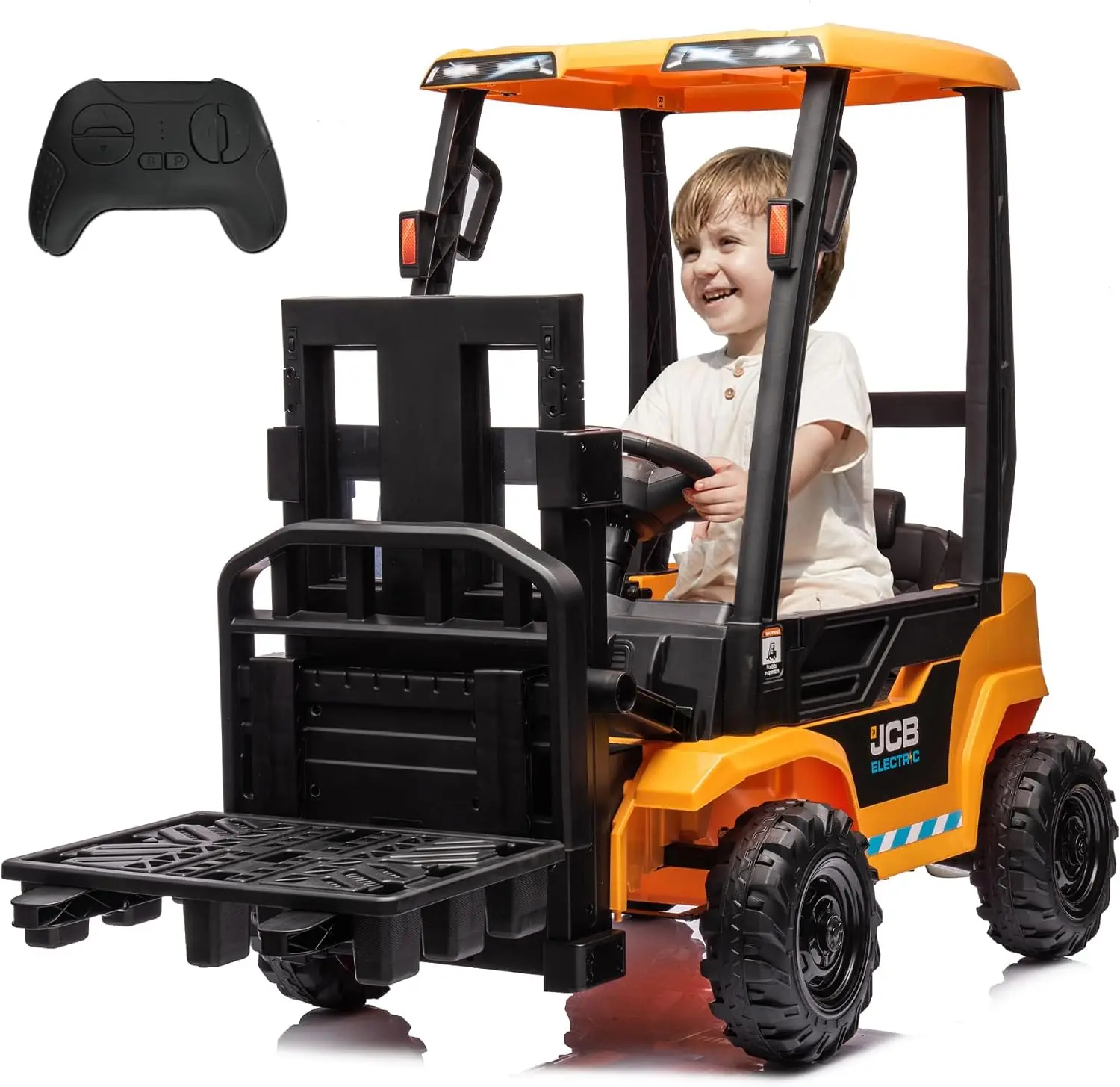 12V Ride On Forklift Car for Kids, Licensed JCB Electric Construction Ride On Toy with Liftable Fork, Remote Control, Spring Sus