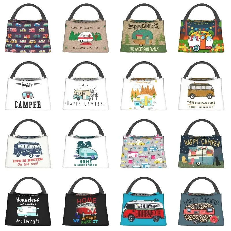 Cartoon RV Happy Campers Insulated Lunch Tote Bag for Adventure Camping Van Life Cooler Thermal Food Lunch Box Hospital Office