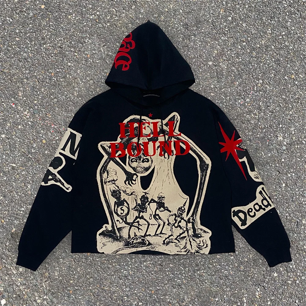 

Outerwear Harajuku Casual Gothic Hooded Skull Print Hoodie Men's Retro Elastic Long Sleeve Loose Jacket Sweatshirt Y2K Streetwea