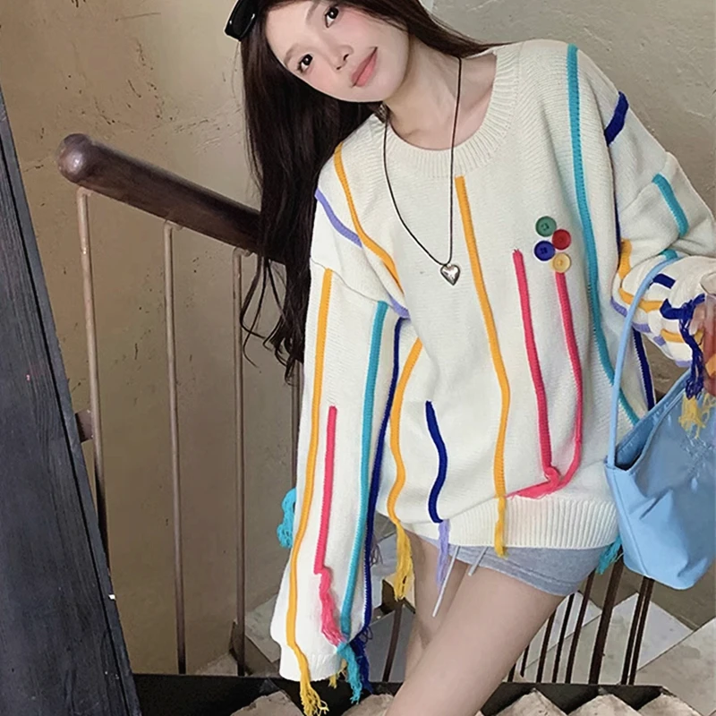 Winter Tassels Rainbow Striped Sweater Coat for Girl Lovely Women Knitted Pullover Loose Oversized Jumper Y2K Top Korean Fashion