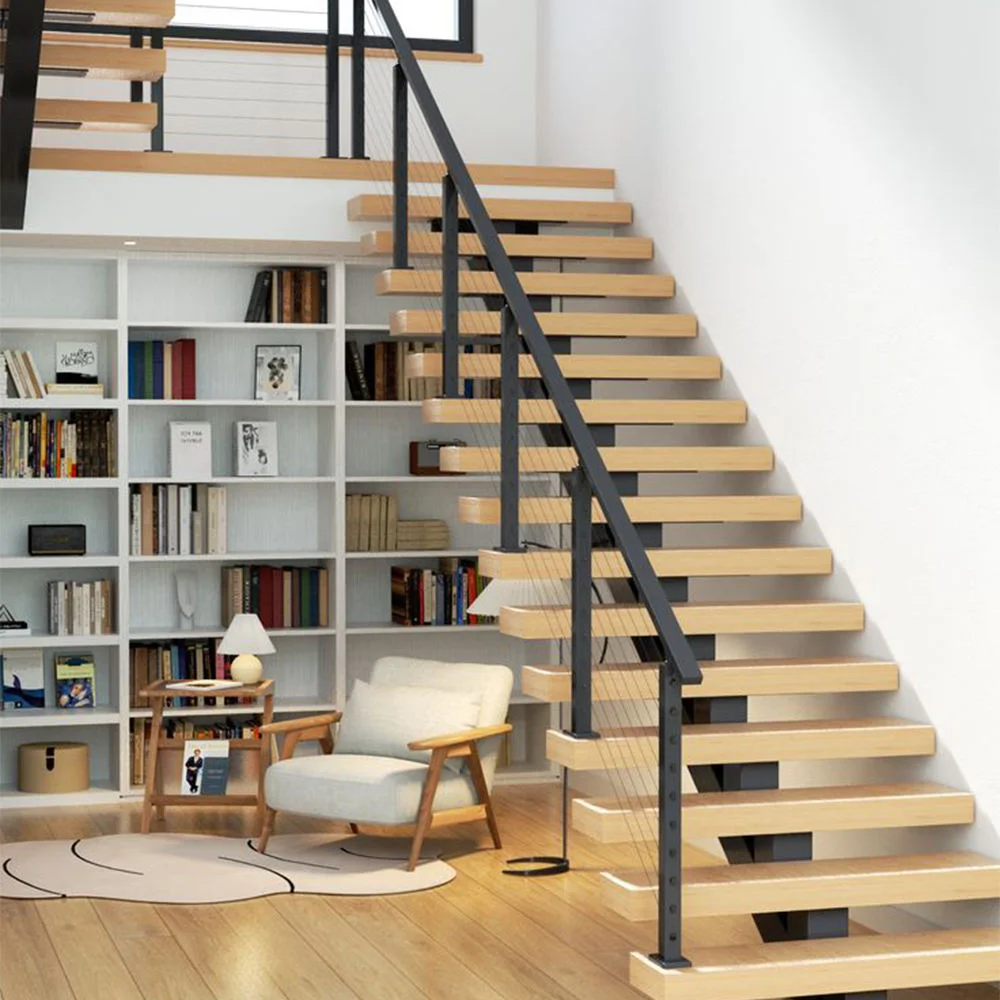 الحديثة تصميم مخصص الفولاذ المقاوم للصدأ حبل درابزين البلوط درج خشبي #3