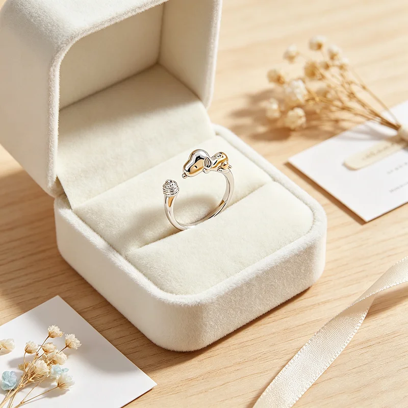 Snoopy Cartoon Animal Ring Open Design Adjustable Fit Polished Silver Metal Wave Pattern Women Daily Casual Jewelry Accessory