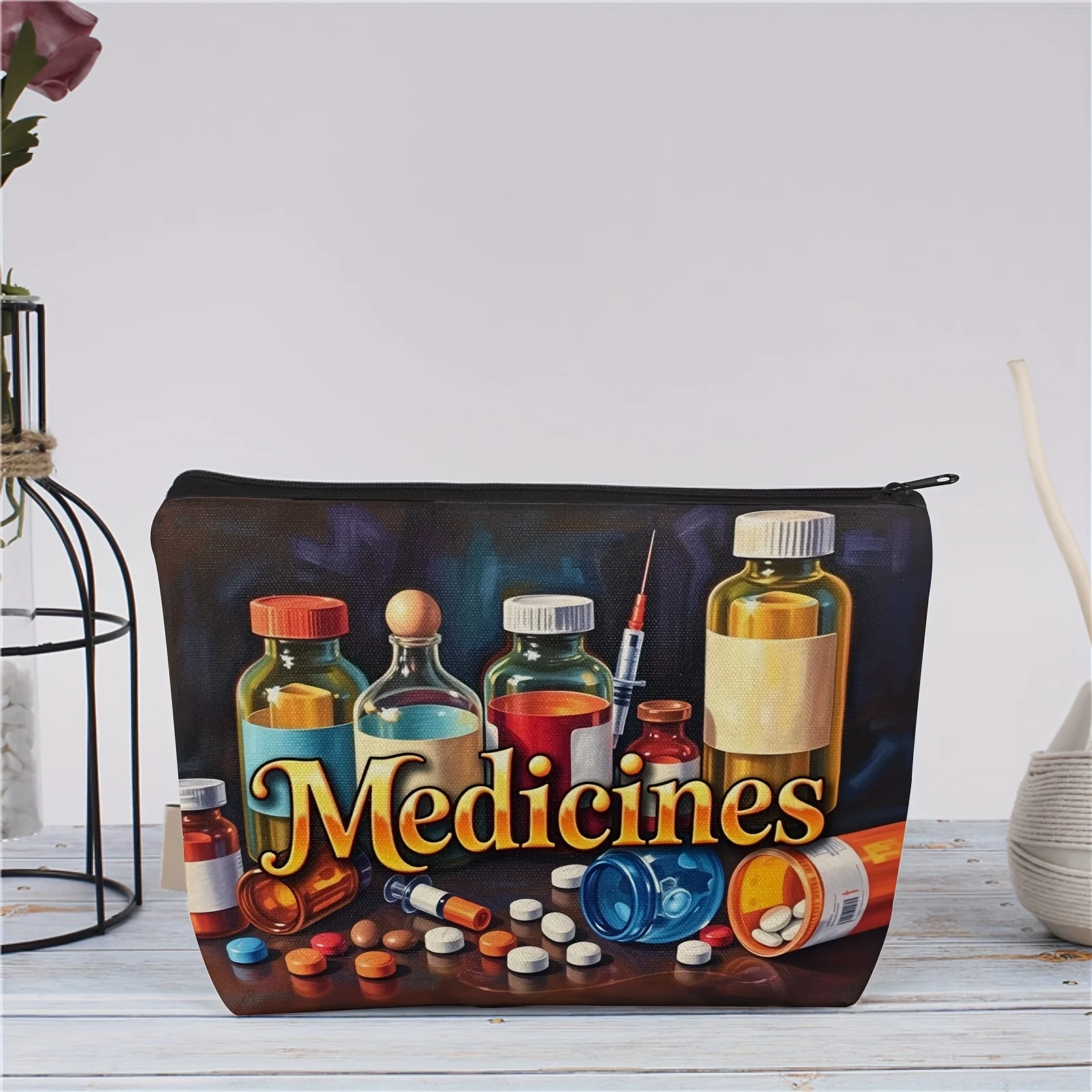Medicine-Themed Cosmetic Bag - Durable Fade-Resistant Makeup Pouch with Zipper Closure, Multi-Purpose Storage for Cosmetics