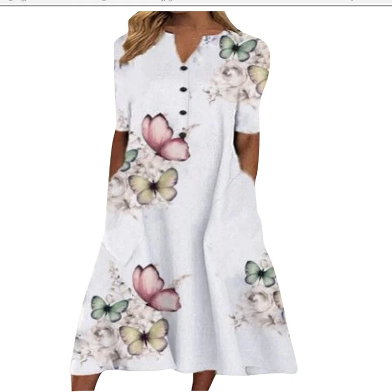 2024 New Spring/Summer Amazon European and American Cross border Women\'s Printed Pockets V-Neck Loose Casual Long Dress for Wome