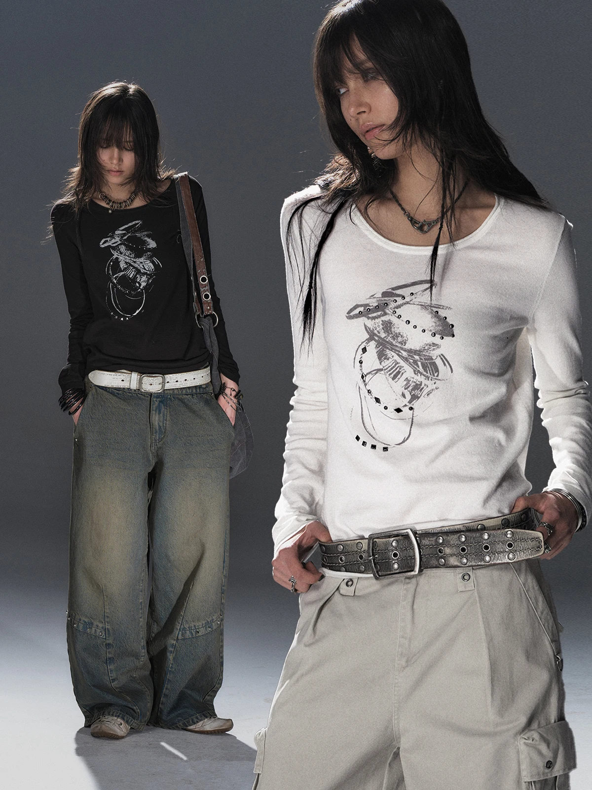 

Punk Sle Slim Fit Long Sve round Ne Knitted Sweater Lightweight Worn And Tear Print with Metal Rhinestone for Young Women