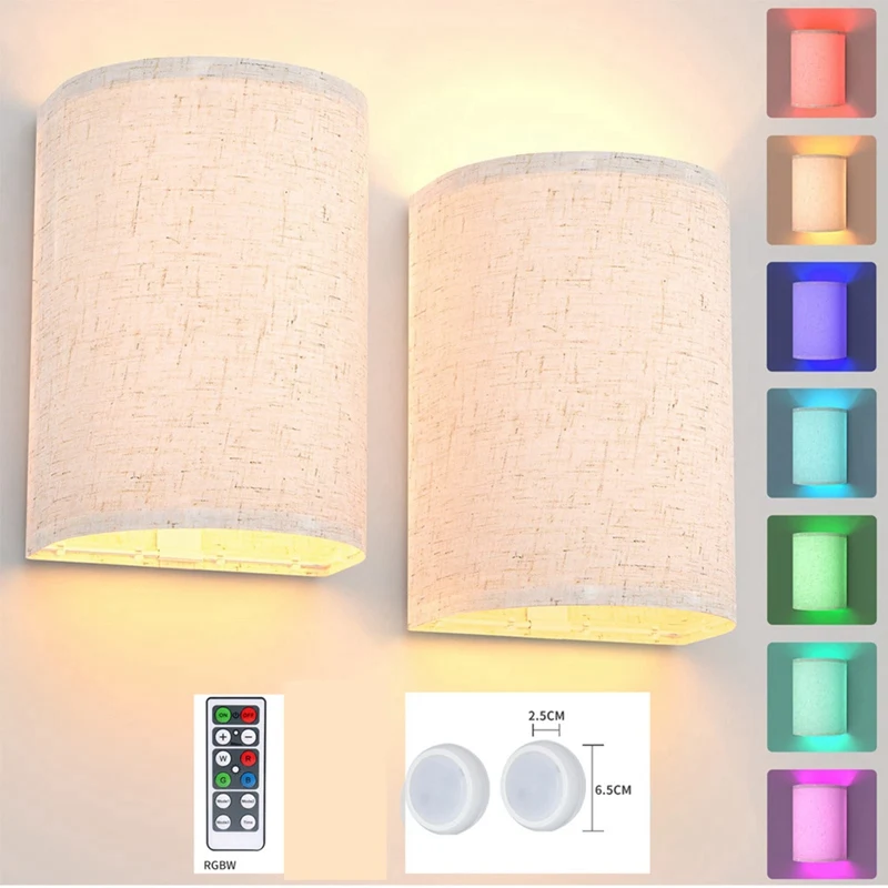 

Rechargeable Wall Sconce Magnetic Wireless Lamp Set Kit RGB Colors Dimmable With Fabric Linen Shade And Remote, Lighting 2Pcs