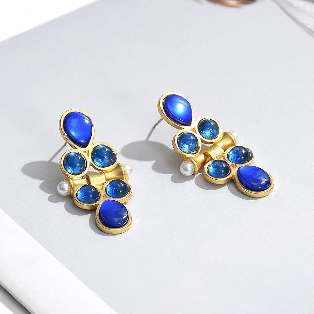 New Simple Metal Geometric Blue Crystal Drop Earrings for Women Vintage Round Imitation Pearl Drop Earrings Party Jewelry image 5
