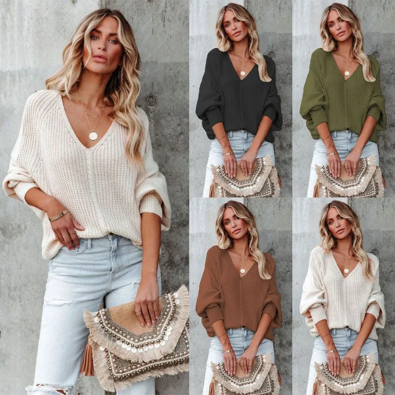 2023 Autumn/Winter Fashion Button Rope Bat Sleeves Knitwear Loose Pullover Off Shoulder Sweater for Women SFC7-3