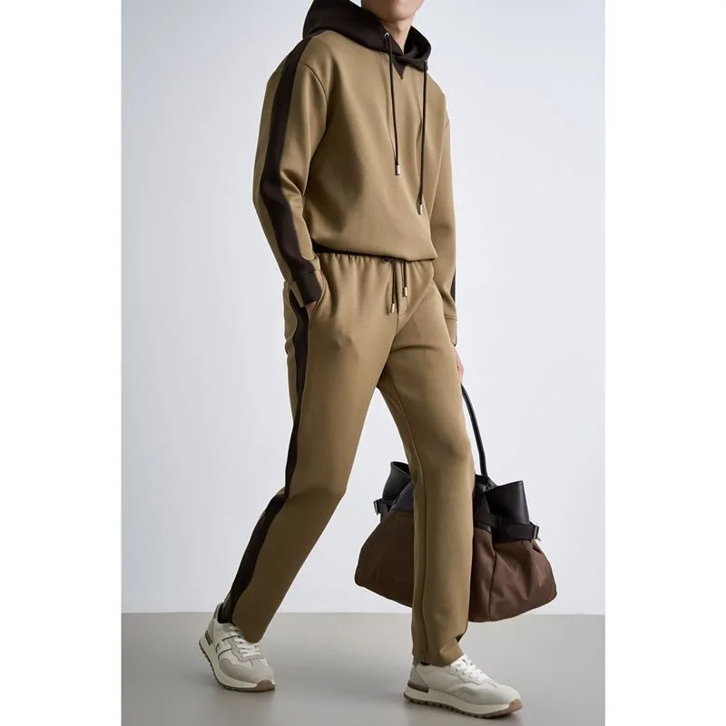 New autumn and winter patchwork color hooded sweatshirt, casual straight leg pants two-piece set, men's trendy versatile set
