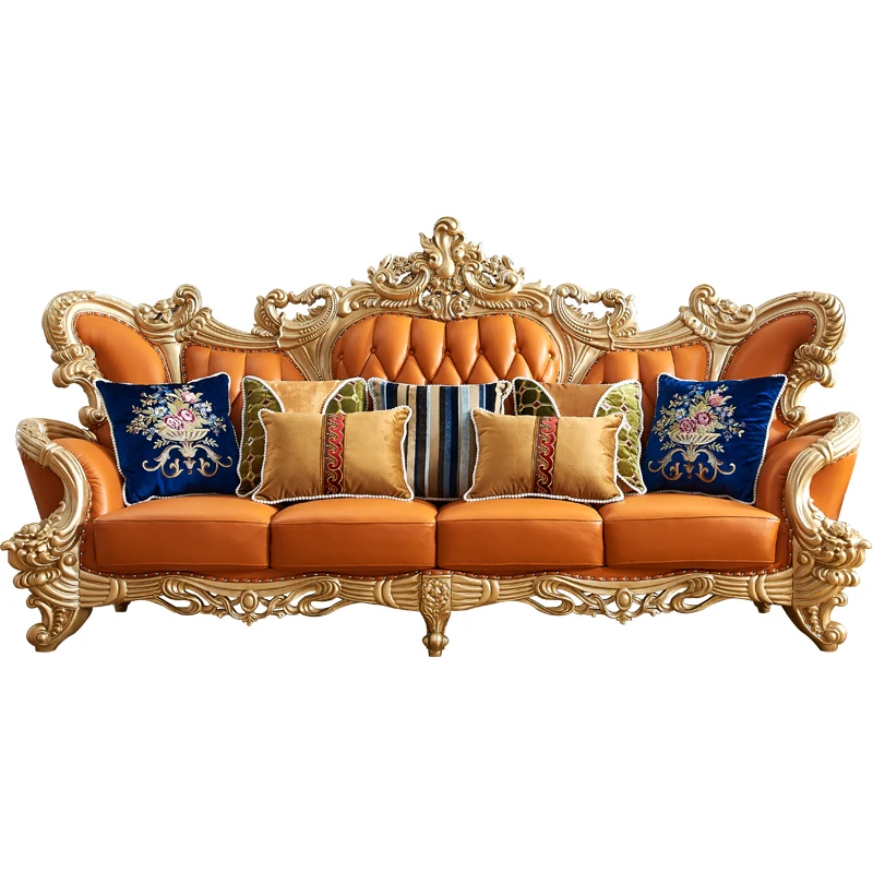 Orange Genuine Leather Chesterfield Sofa Set Hand-Carved Classic Design Tufted High-Density Sponge for Hotel Apartment Living