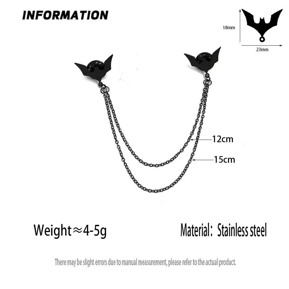 Gold Plated Stainless Steel Bat Double Chain Brooch Hollow Lapel Pin for Men Suit Wedding Party Accessories