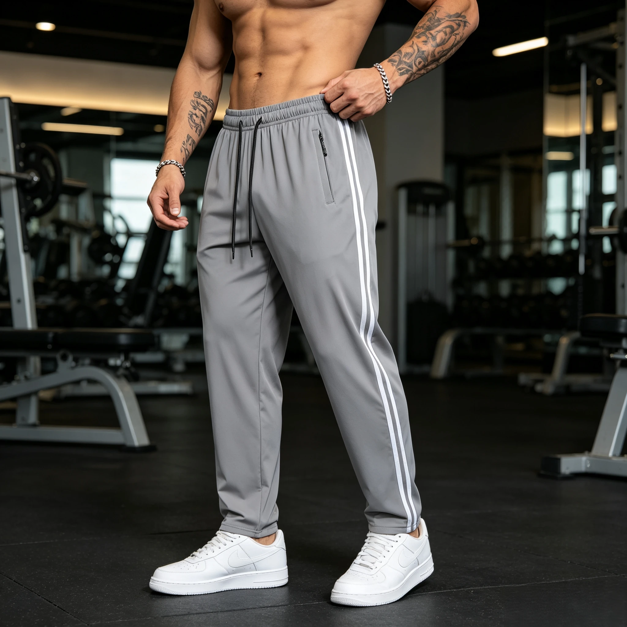 Neue Sommer-Herrenhose aus Eisseide, kühle Hose mit seitlichen Streifen, schwarz-graue, dünne Sporthose, Herren-Fitness-, Bergsteiger- und Wanderhose – Detail 8