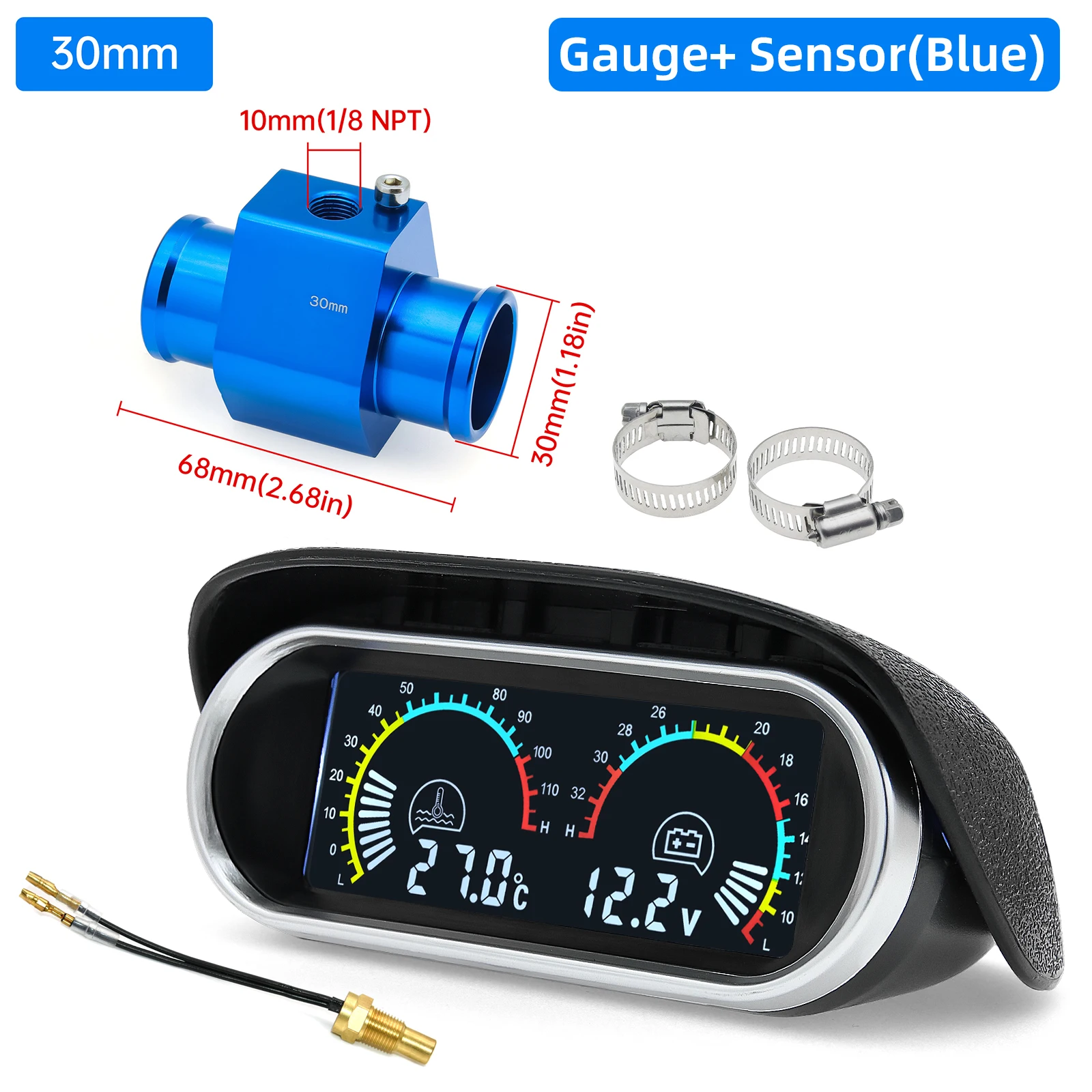 Digitales Wassertemperaturmessgerät + Wassertemperatursensor mit 1/8NPT-Steckverbindung, Rohrsensor, Kühlerschlauchadapter, 12V/24V – Detail 3