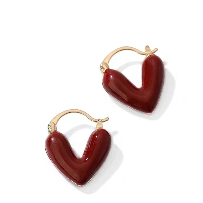 Pendientes románticos franceses con forma de corazón para mujer, aretes de esmalte rojo vino, joyería de moda, accesorios de gota de oreja de