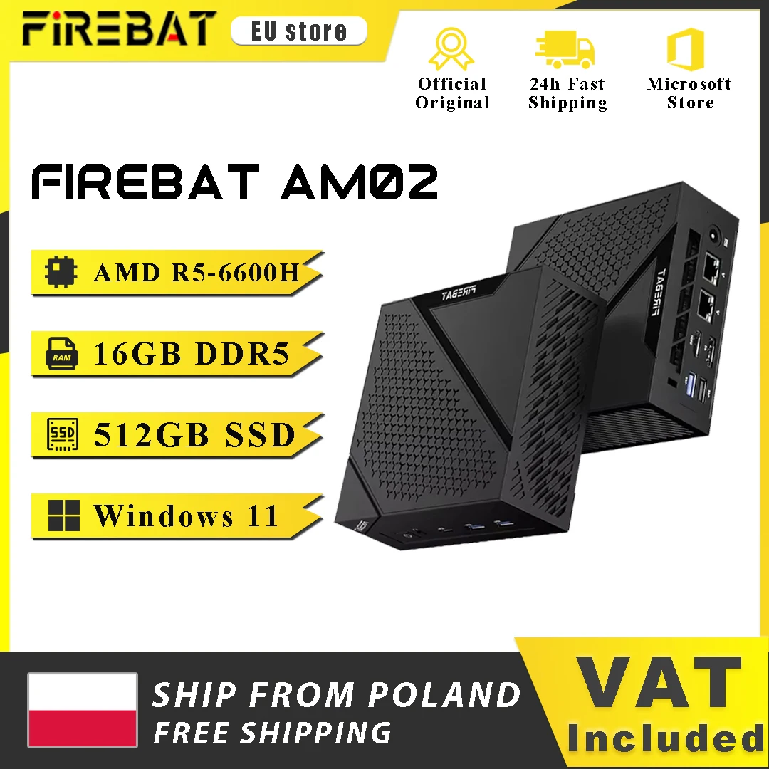 FIREBAT MINI PC AM02 Ryzen 5 6600H 16GB DDR5 512GB SSD Windows 11 WIFI6 BT5.2 Kompaktowy komputer stacjonarny Port sieciowy HDMI