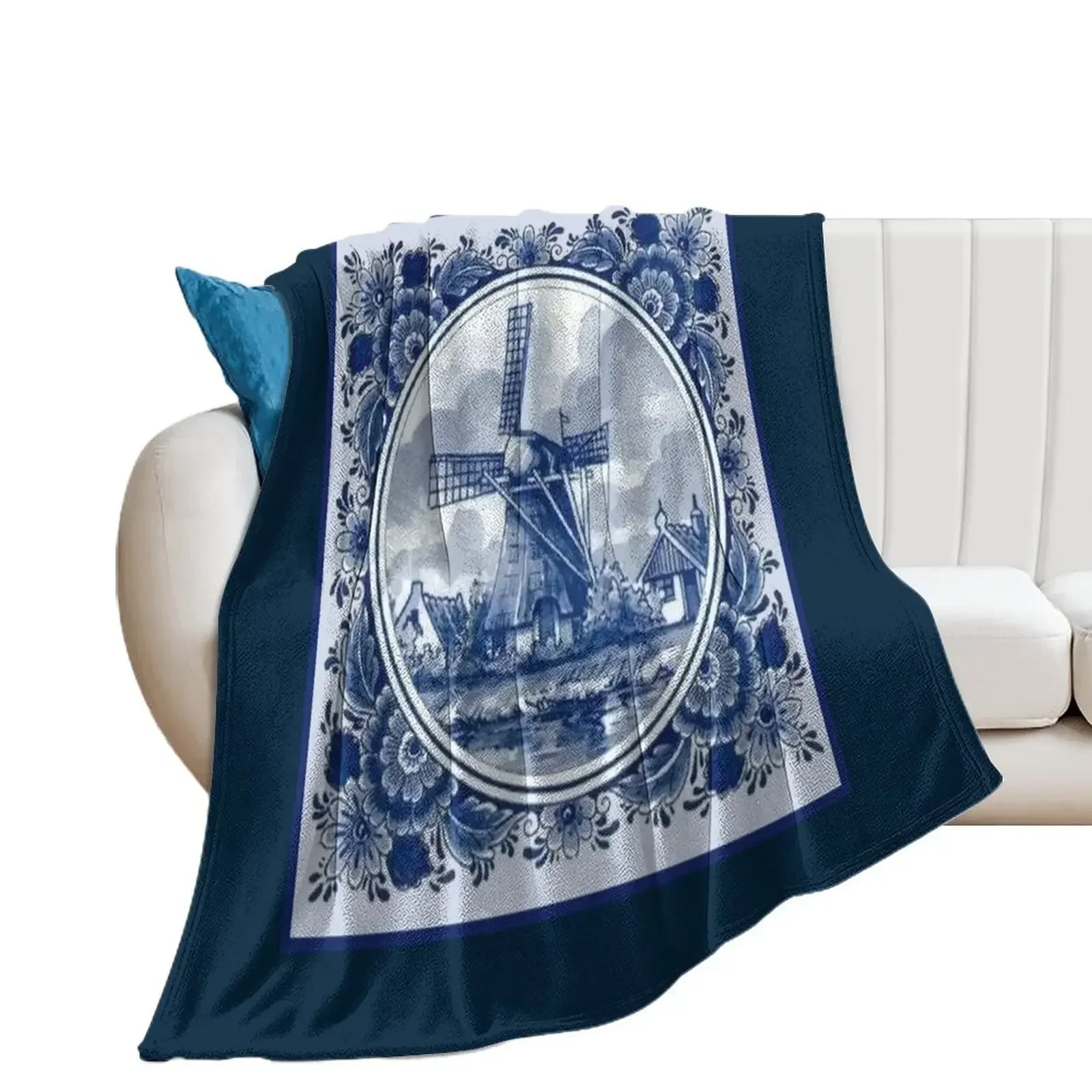 DUTCH BLUE DELFT : Vintage Windmills and Trees in Amsterdam Print Throw Blanket For Baby Multi-Purpose Large Blankets