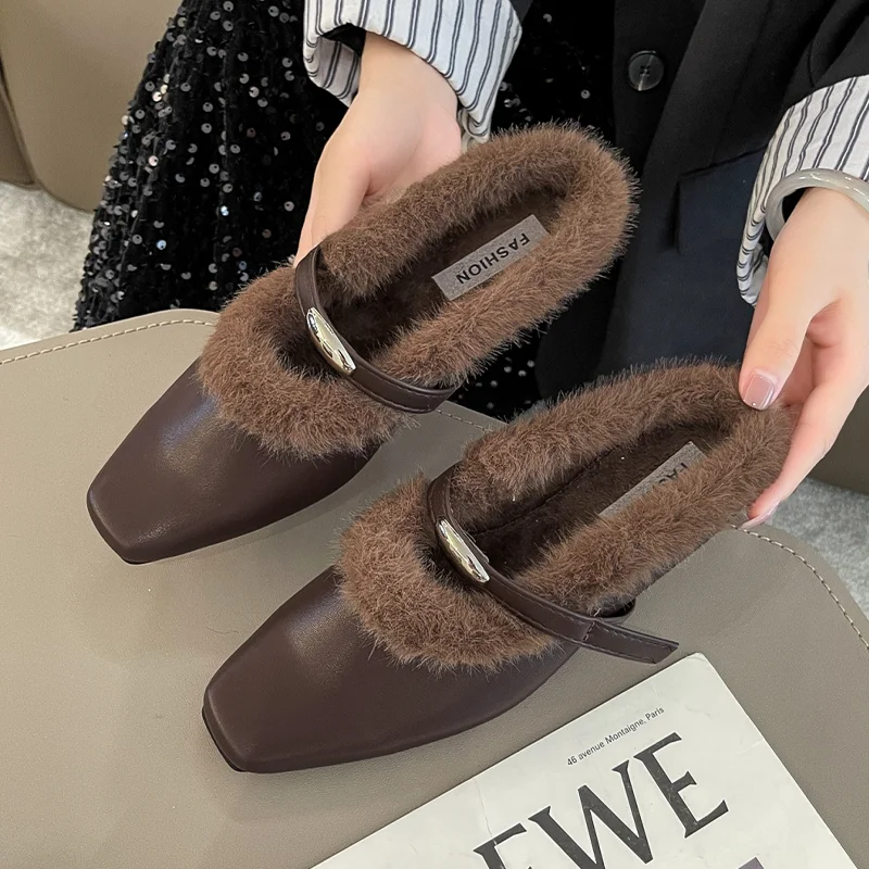 

Furry Cotton Slippers Flats Women's Mules Shoes Elegant Fashion 2025 Winter Snow Boots New Brand Comfort Dress Party Mujer Botas