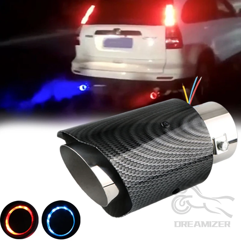 Universal 63-65mm Car Muffler With LED Flashing Decorative Light Flaming Luminous Motorcycle Exhaust Pipe Tail Vent Carbon Fiber