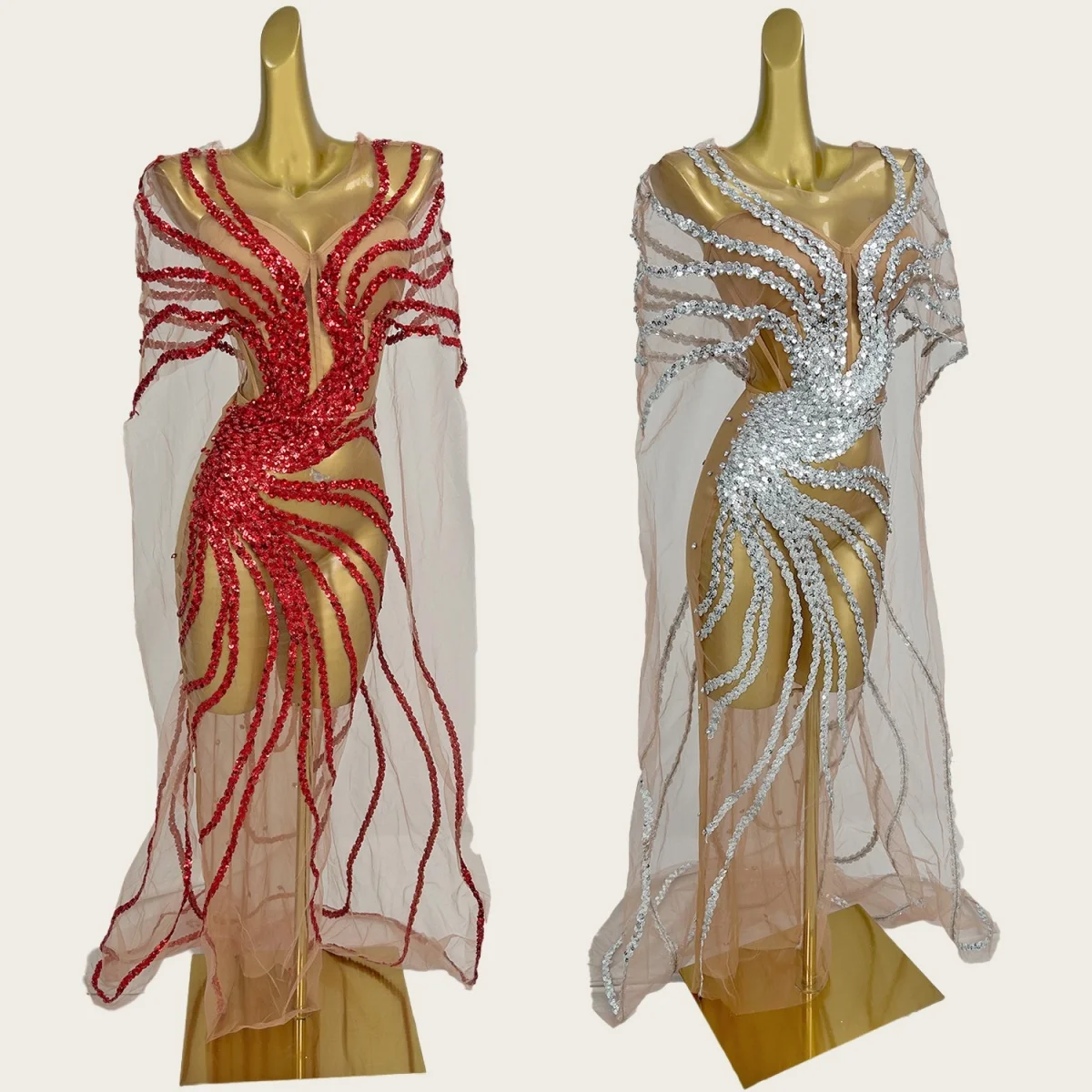 Paillettes scintillanti vedere attraverso mantello di rete abito lungo compleanno festeggiare festa servizio fotografico indossare abito da ragazza calda abito da ballo Dongmai