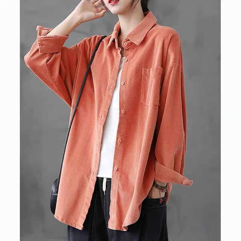 

Элегантная женская рубашка из вельвета в стиле ретро с длинным рукавом, повседневная верхняя одежда, универсальная, осенняя новинка, смесь хлопка и полиэстера