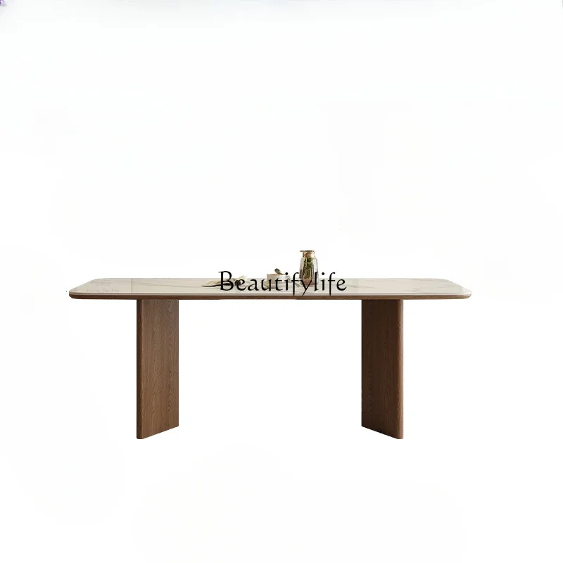 

ls 18FG40French cream solid wood rock slab retro black walnut rectangular small apartment dining table