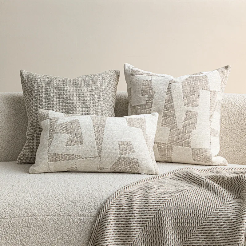 

Premium Beige Gray Texture Jacquard Cushion Cover Geometric Yarn-dyed Pillow Case Elegant Sofa Throw Pillow Cover for Home Decor
