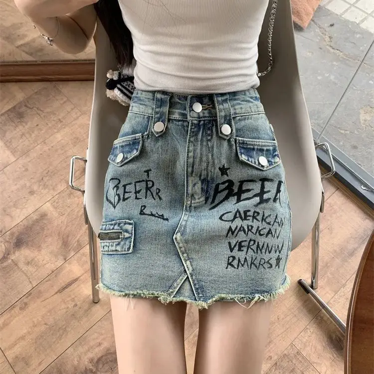 Blue high waist denim hip skirt graffiti design hot girl A-line skirt with lining High Waist Print Tattoo