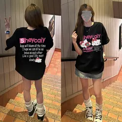 2024 Hello Kitty Sanrio T-shirt Kawaii Cartoon Print Cotton Tops O-neck Oversized Shirts Streetwear Splicing Top Women Clothing