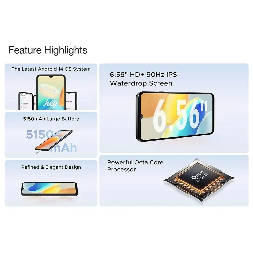 هاتف ذكي DOOGEE N55 PRO 5G بشاشة 6.56 بوصة وتردد 90 هرتز وذاكرة وصول عشوائي 4 جيجابايت وذاكرة داخلية 128 جيجابايت وكاميرا ثلاثية UNISOC T606 ونظام تشغيل Android 14
