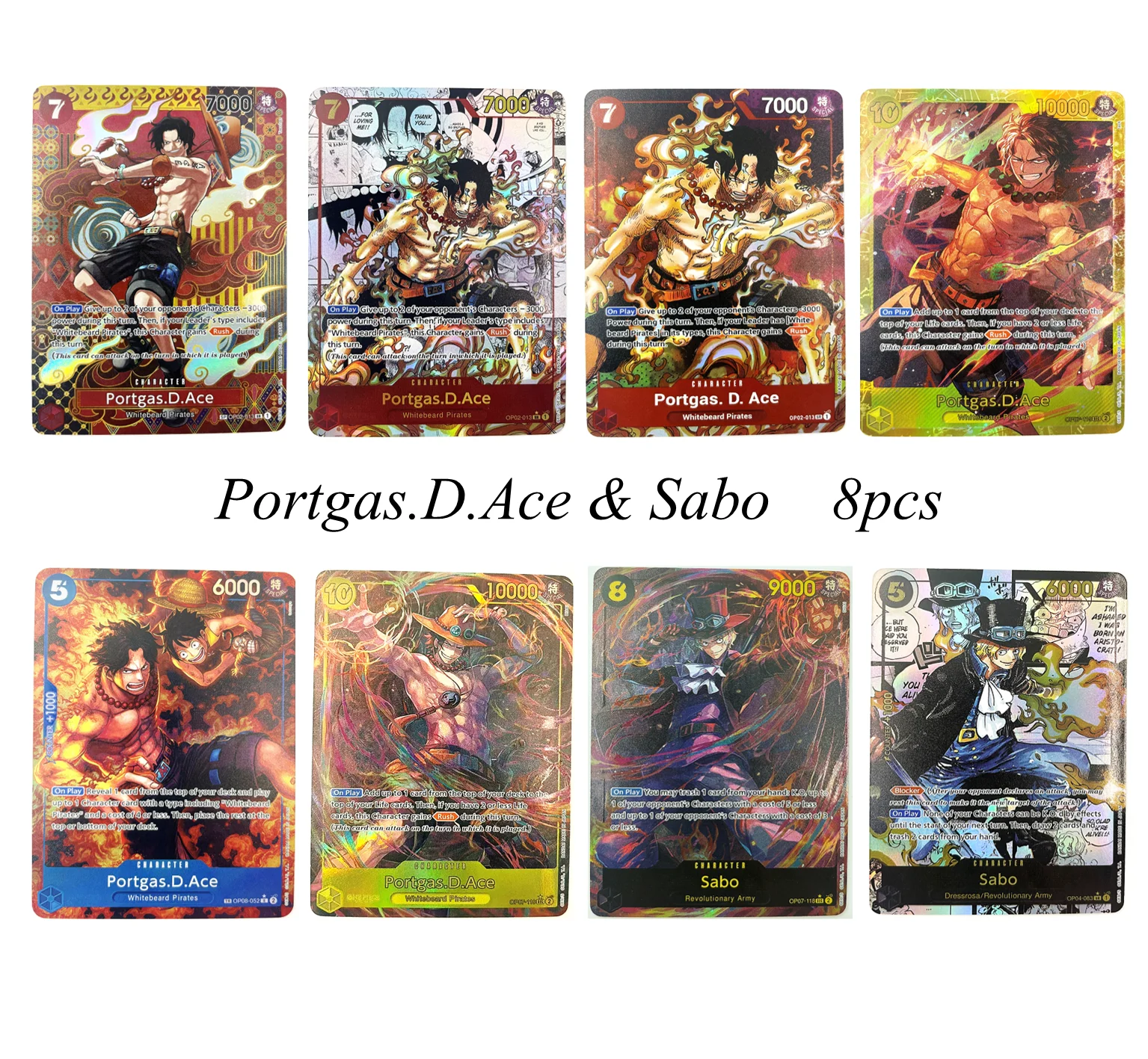 

8pcs Bandai One Piece Card Game OPCG Portgas D Ace Sabo Brothers Holographic Foil Cards Set Anime TCG Collection Kids Toy Gift