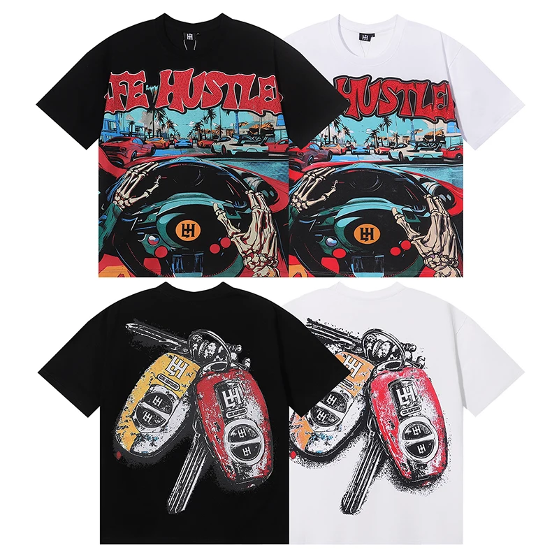 American Street Cotton Short Sleeve Graphic Print Life Hustlers T Shirt Men Women Loose Summer Printed Glitter Oversized Tee