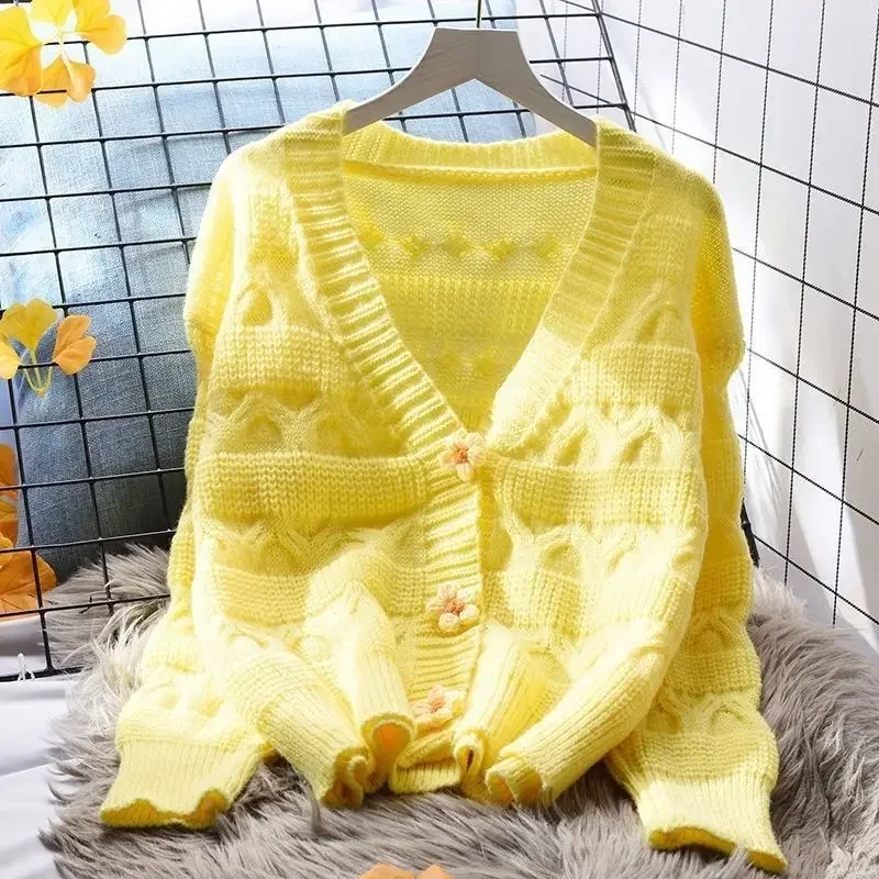 Pullover strick jacken blume knopf frau top herbst winter gestrickt koreanische verlieren langarm eleganz süße lässige junge fairycore