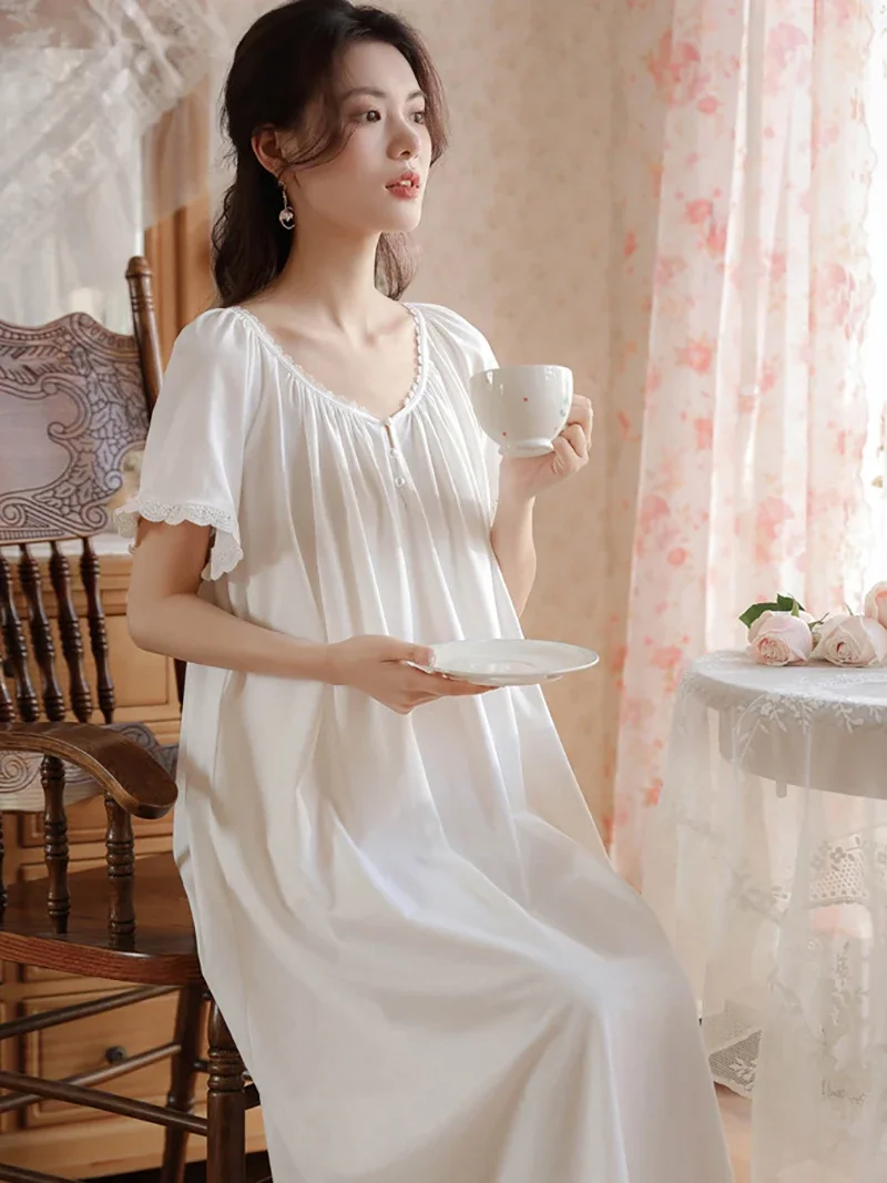 White Women Summer Short Sleeve Ruffles Romantic Victorian Nightdress Cotton Vintage Princess Lace Loose Fairy Nightgowns