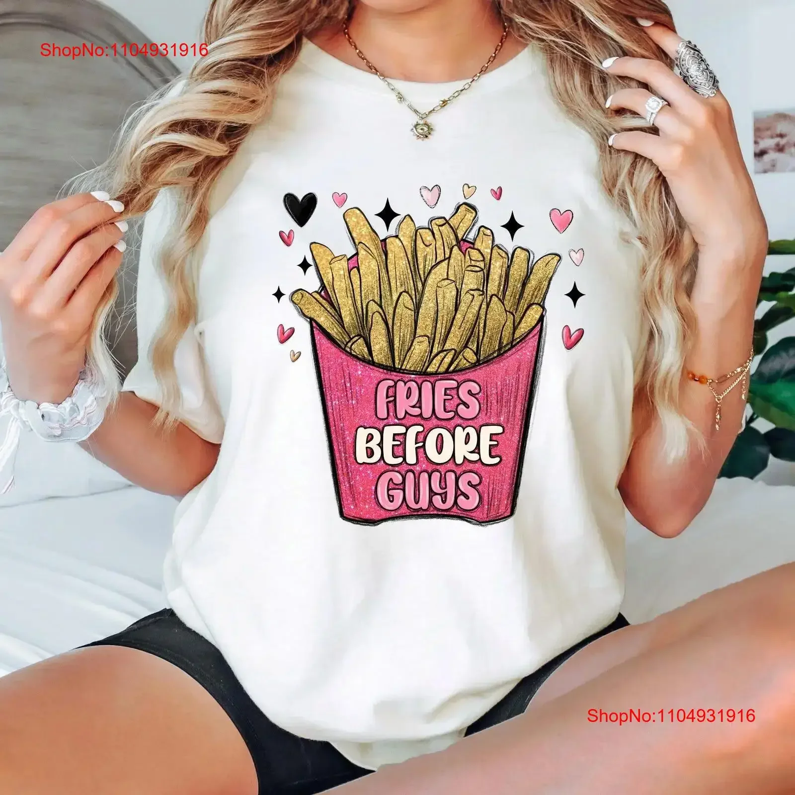 

Fries Before Guys T Shirt Funny for Women Valentine Couple Matching Vibes vintage Washed designer clothes Slightly Breathable