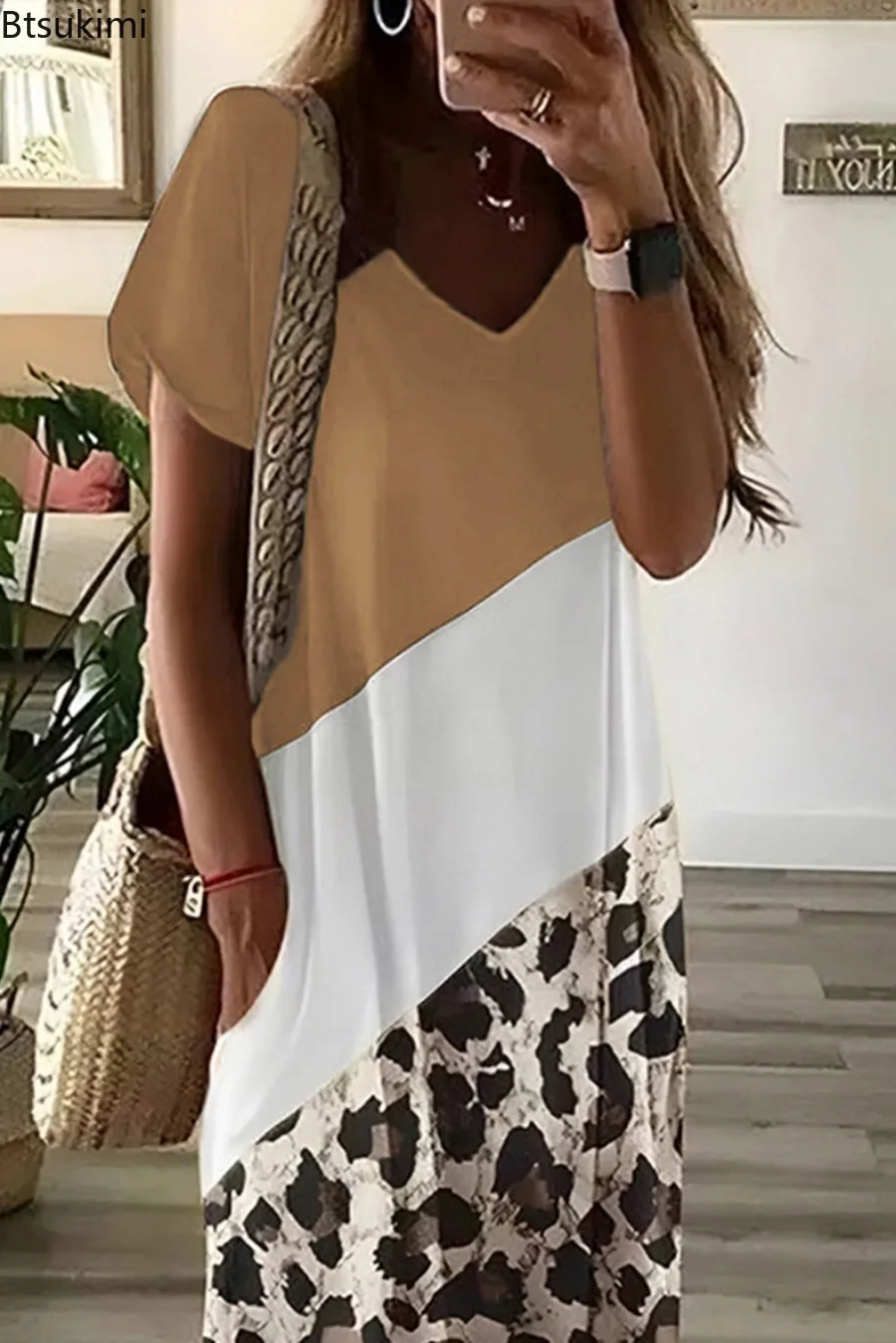 2024 mode Leopard Farbe Block Lose Beiläufige Maxi Kleid frauen Sommer Kurzarm Side Split Design V-ausschnitt T-shirt Langes kleid