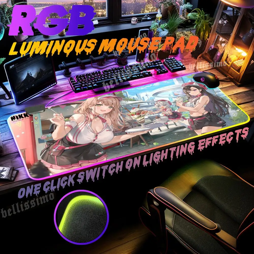 G_goddess of V_victory N_nikke Large Cool RGB Mause Pad Game Smooth FPS Special Rubber Desk Mat Luminous LED Lamp Keyboard Pad