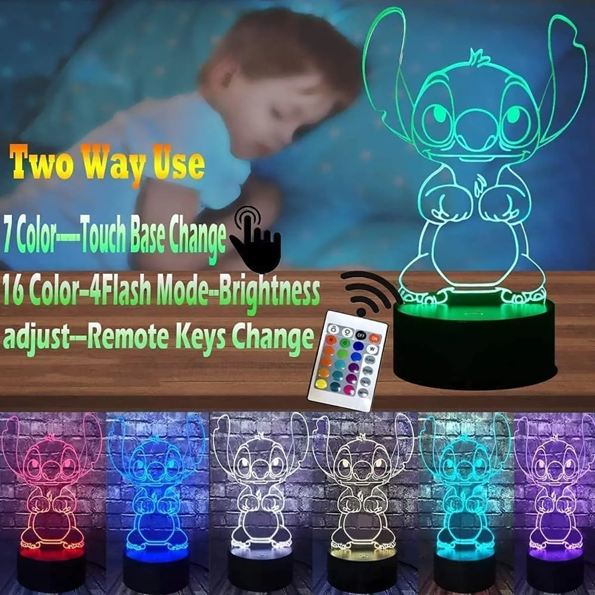 3D LED Intelligent Remote Control Stitch Night Light 16 Color Stitch Lamp for Christmas Gifts Children\'s Room Decoration PH337